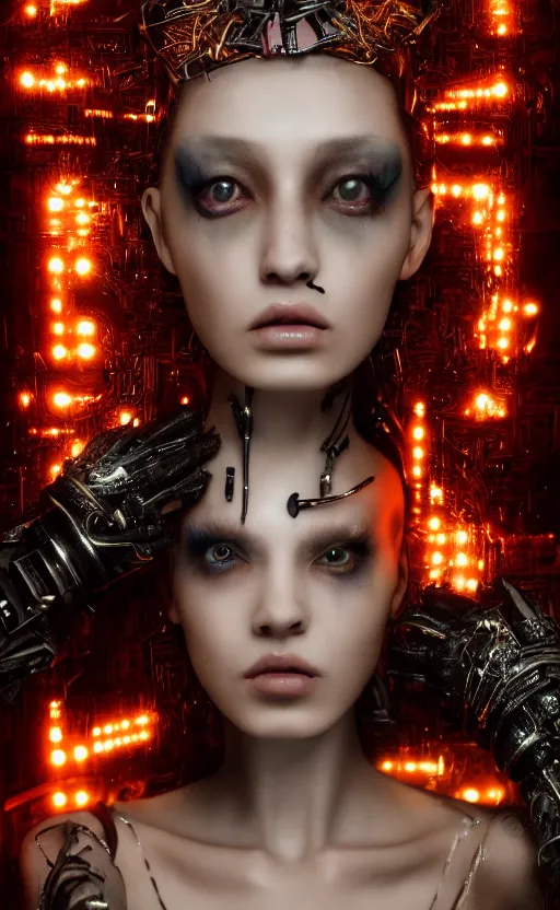 Image similar to hyperrealistic futuristic high fashion photography, girl in studio, full body, cybernetic parts by luis royo, asian, vogue magazine, nomad masterpiece, nano parts, neon lights, smoke, eerie music, beautiful intricate face and flawless skin, tribal jewelry, tattoos, perfect hands, head piece, by Edgar Maxence and Ross Tran and Michael Whelan, 8k, octane render