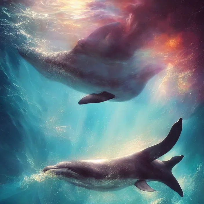 Image similar to glimmering whale splash, dolphins, golden hour, god rays, coral reef, dreamscape by artgerm and ruan jia and ismail inceoglu and greg olsen, cosmos, milky way galaxy, masterpiece, beautiful, intricate, elegant, highly detailed