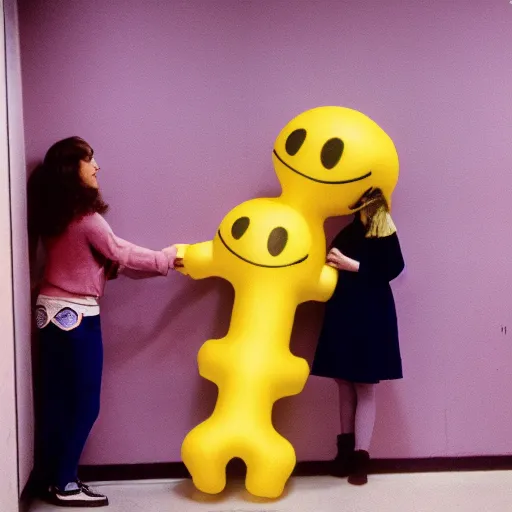 Image similar to 1978 teenage girl holds hands with smiley inflatable boyfriend at high school, color John Waters film, in school hallway, dirty walls, archival footage, technicolor film, 16mm, live action, Fellini, campy