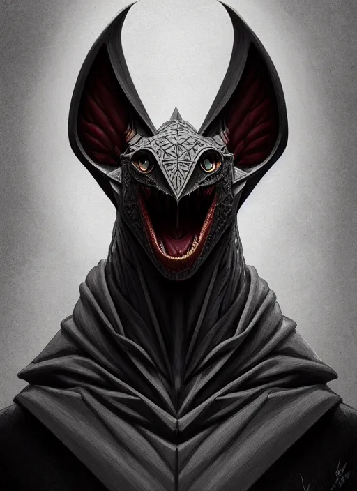 Image similar to anthropomorphic triangle head in edgy darkiron bat mr. bean, intricate, elegant, highly detailed animal monster, digital painting, artstation, concept art, smooth, sharp focus, illustration, art by artgerm, wayne barlowe, trending on artstation and greg rutkowski and alphonse mucha, 8 k