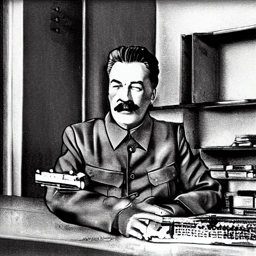 Image similar to stalin building a pc, photography, photorealistic