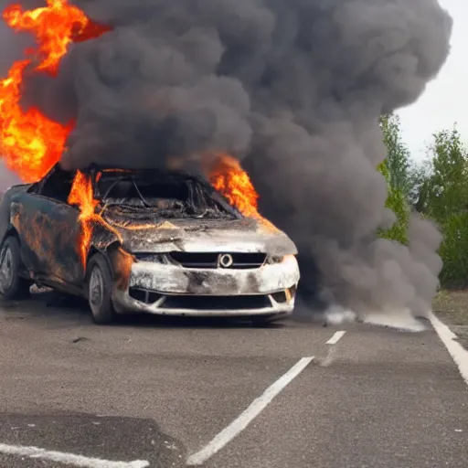 Prompt: A still of a destroyed car on fire, slow motion flames