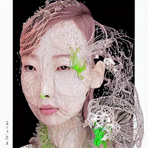 Image similar to the portrait of an unbelievably beautiful, elegant, and sophicated young japanese woman partially made of broccoli, an ultrafine detailed illustration by james jean, intricate linework, bright colors, final fantasy, behance contest winner, vanitas, angular, altermodern, unreal engine 5 highly rendered, global illumination, radiant light, detailed and intricate environment