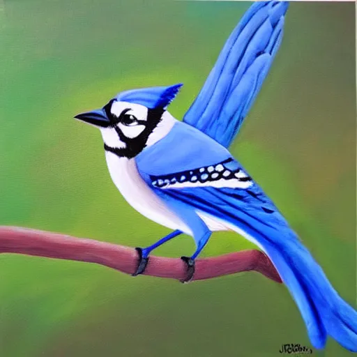 Prompt: a painting of a bluejay returning to the girl that raised it