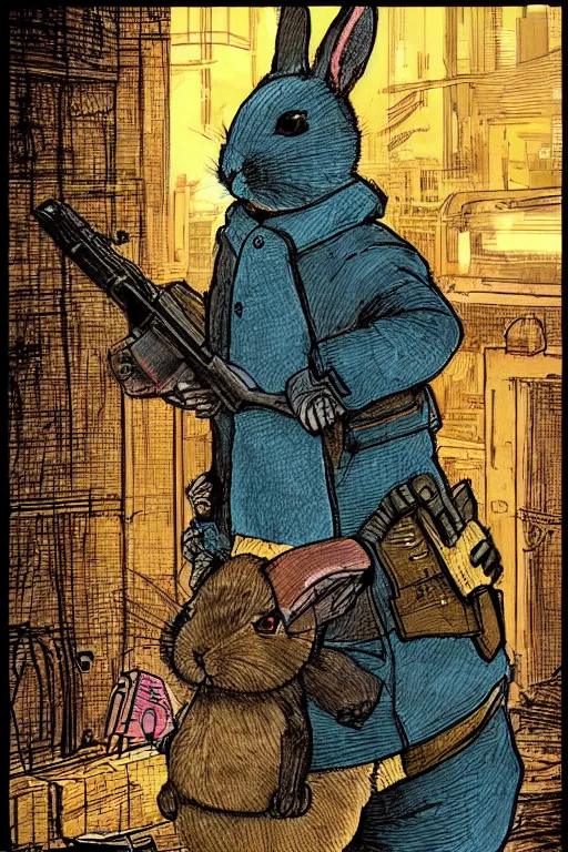 Prompt: cyberpunk rabbit with a shotgun, artwork by Beatrix Potter