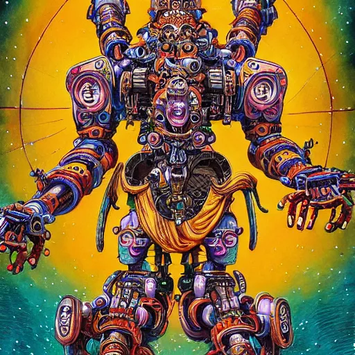 Prompt: detailed intricate color manga illustration of a Hindu god with a halo as an evil cyborg alien robot with lots of arms and weapons, cyberpunk, sistine chapel, davinci, religion, Hindu, vishnu, akira, dystopian, sci-fi, geof darrow, transmetropolitan, ronin