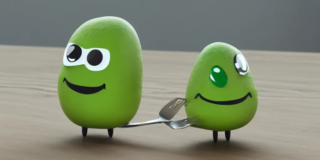 Prompt: cute little smiling avocado robot with cute eyes and forks instead of arms, logo style