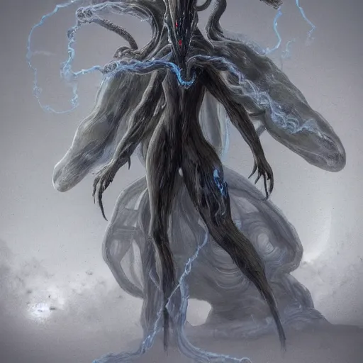 Image similar to concept designs for an ethereal ghostly wraith like figure made from wispy billowing smoke and sparks of electricity with a squid like parasite latched onto its head and long tentacle arms that flow lazily but gracefully at its sides like a cloak while it floats around a frozen rocky tundra in the snow searching for lost souls and that hides amongst the shadows in the trees, this character has hydrokinesis and electrokinesis for the resident evil village video game franchise with inspiration from Shuma gurath from marvel, the franchise Bloodborne and the mind flayer from stranger things on netflix in the style of a marvel comic