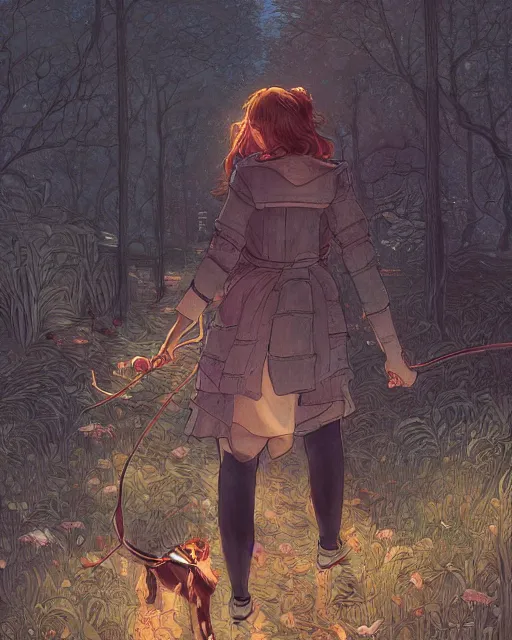 Image similar to a girl walking her small dog at the park, full shot, facing forward, ambient lighting, detailed, art by ayami kojima, makoto shinkai, kilian eng