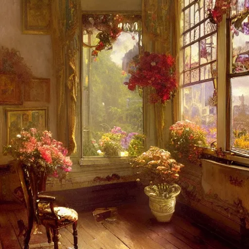 Image similar to a beautifull intricate oil painting of a victorian room with flowers, reflexions, verry high details by william turner art, greg rutkowski and alphonse mucha, trending on artstation, very very detailed, masterpiece, intense colours, wide lens,