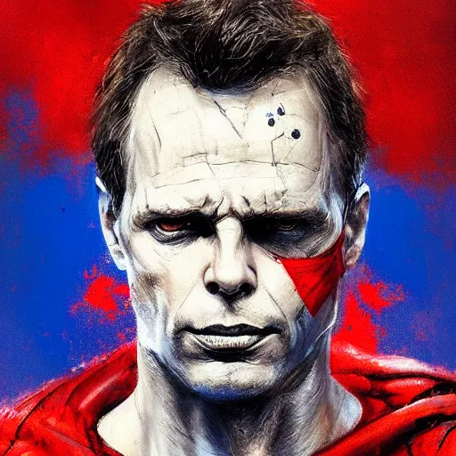 Prompt: portrait of superhero by greg rutkowski, michael biehn wearing a blue and red kevlar gear, highly detailed portrait, digital painting, artstation, concept art, smooth, sharp foccus ilustration, artstation hq