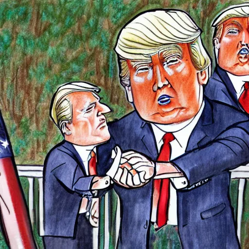 Image similar to a perfect hand drawn picture of donald trump being put into hand cuffs by fbi a gents outside of his florida country club, insanely detailed