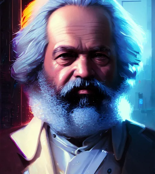 Image similar to highly detailed portrait of karl marx in cyberpunk, cyborg, stephen bliss, unreal engine, fantasy art by greg rutkowski, loish, rhads, ferdinand knab, makoto shinkai and lois van baarle, ilya kuvshinov, rossdraws, tom bagshaw, global illumination, radiant light, detailed and intricate environment