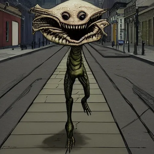 Image similar to alien monster on a city street, realistic