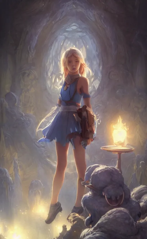 Prompt: a girl from final fantasy live action, the smurfs, evocative, mystical night, very very very very detailed, award winning, masterpiece digital painting by greg rutkowski, alex grey, artstation, 4 k wallpaper