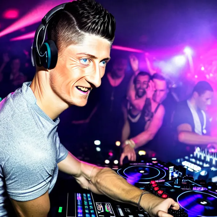 Image similar to robert lewandowski as a dj in the club, photorealiscic face, darc bacgroud, lasers