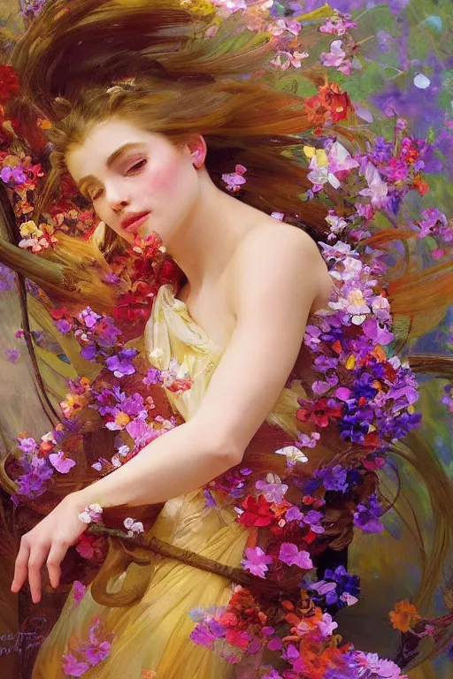 Prompt: a beautifull intricate painting of a beautifull princess surrounded by flowing flower petals, vivid colors, artstation, by jeremy mann, by alphonse mucha, by boris vallejo
