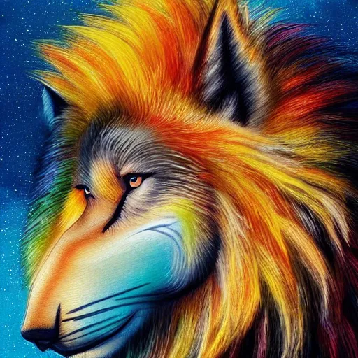 Image similar to profile view of cute fluffy wolf with long colorful flowing lion mane blowing in the wind with mohawk top hairstyle hybrid animal detailed painting 4 k