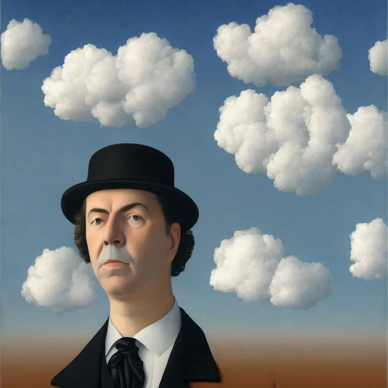 Image similar to portrait of a death, clouds in the background, by rene magritte, detailed painting, distance, middle centered, hd, hq, high resolution, high detail, 4 k, 8 k