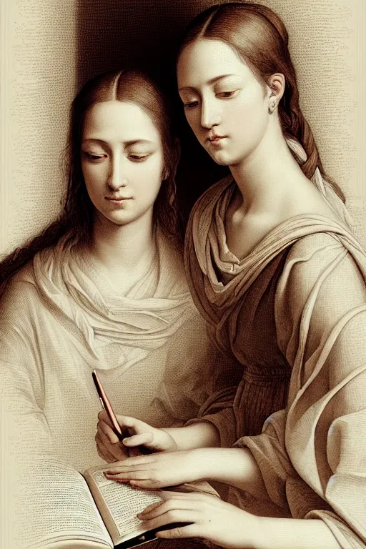 Image similar to portrait of two wise and very beautiful women reviewing some texts, art by tiziano, intricate, elegant, highly detailed, smooth, sharp focus, artstation