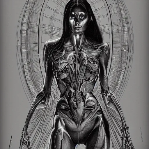 Image similar to full body portrait of a sci-fi alien goddess anatomical ink drawing in the style of h.r. giger, highly detailed, digital painting, artstation, concept art, smooth, sharp focus, illustration, art by artgerm and greg rutkowski and alphonse mucha