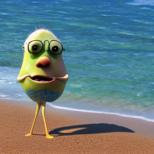 Prompt: a friendly apple character, on beach, sunny day, pixar