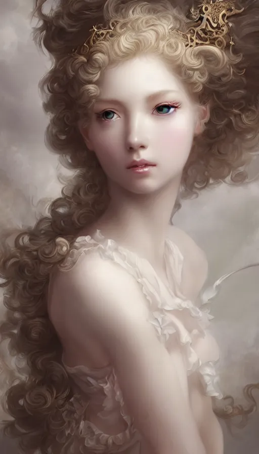 Image similar to rococo, baroque hair, angelic young female seductive - fine - face, pretty face, key visual, realistic shaded perfect face, fine details by stanley artgerm lau, wlop, nekro, james jean, andrei riabovitchev, marc simonetti, and sakimichan, trending on artstation