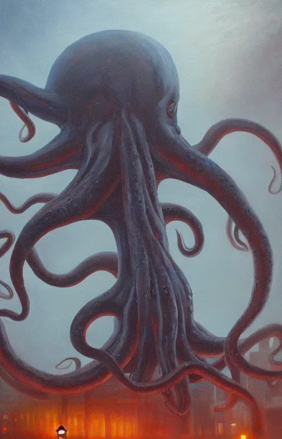 Image similar to a giant octopus monster moving through a foggy and dim city, extremely detailed!!! oil painting, dull palette