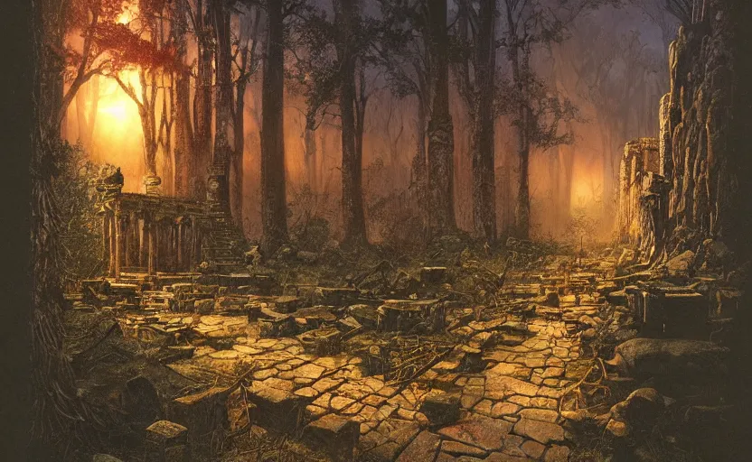 Prompt: A highly detailed dark forest path leading to an ominous and evil looking ancient stone temple ruins, rubble everywhere, at twilight, an evil feeling looms over the place with ethereal light in the distance, full color by Craig Mullins, Larry Elmore, Andrea Rocha, Alan Lee