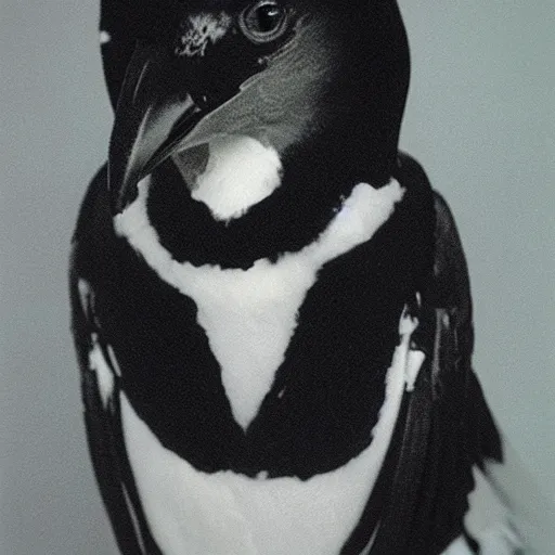 Image similar to close-up shot of a magpie wearing hoodie in 90s, Polaroid photo, by Warhol