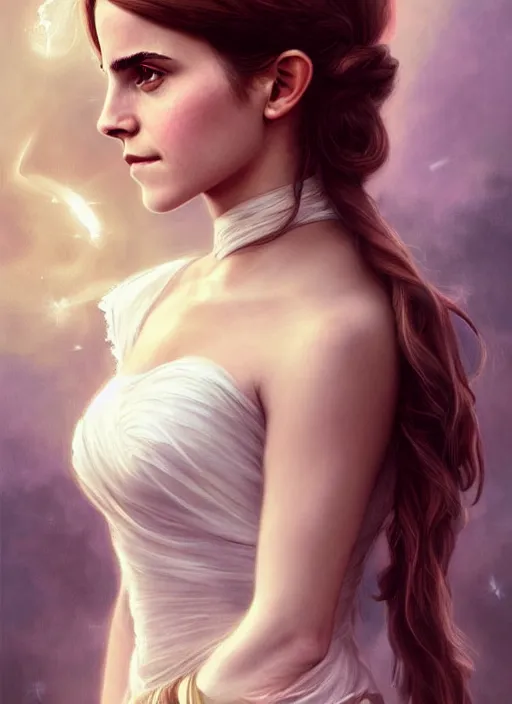 Image similar to emma watson as magic healer, long hair, white and rose cloth, shiny background, intricate, elegant, highly detailed, digital painting, artstation, concept art, smooth, sharp focus, illustration, artgerm, bouguereau