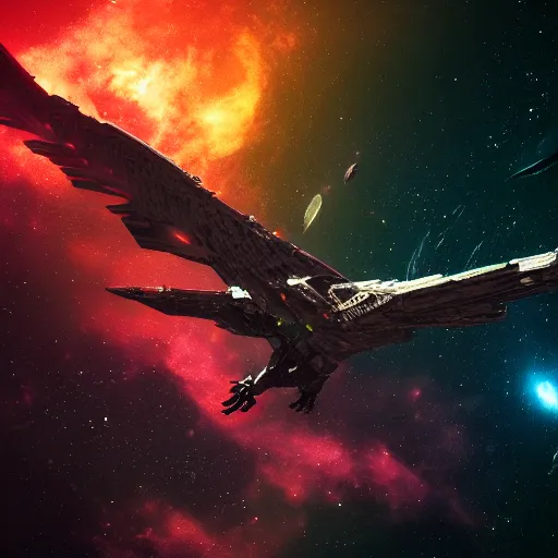 Image similar to huge klingon bird of prey in a nebula, shallow depth of field, moody lighting, single point of light, 8 k, ultra realistic, octane render,