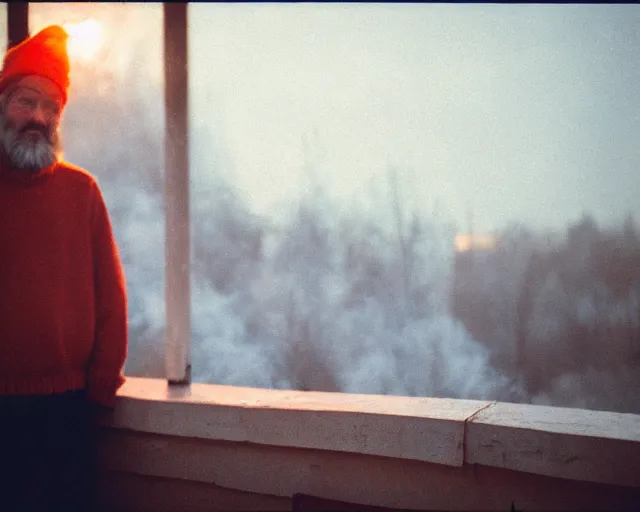 Prompt: lomo photo of 4 0 years russian man with beard and sweater standing on small hrushevka 9 th floor balcony full with cigarette smoke in winter taiga looking at sunset, cinestill, bokeh