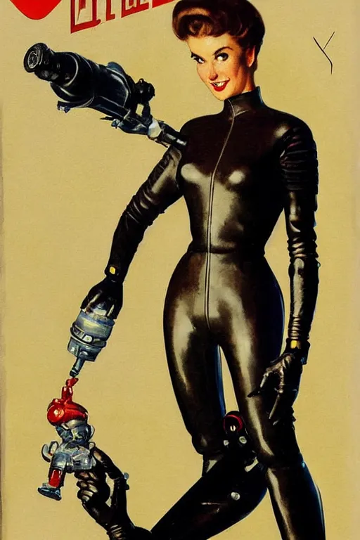 Image similar to 5 0 s pulp scifi fantasy illustration full body portrait slim mature woman in leather spacesuit firing retro ray gun laser beam, by norman rockwell, roberto ferri, daniel gerhartz, edd cartier, jack kirby, howard v brown, ruan jia, tom lovell, frank r paul, jacob collins, dean cornwell, astounding stories, amazing, fantasy, other worlds