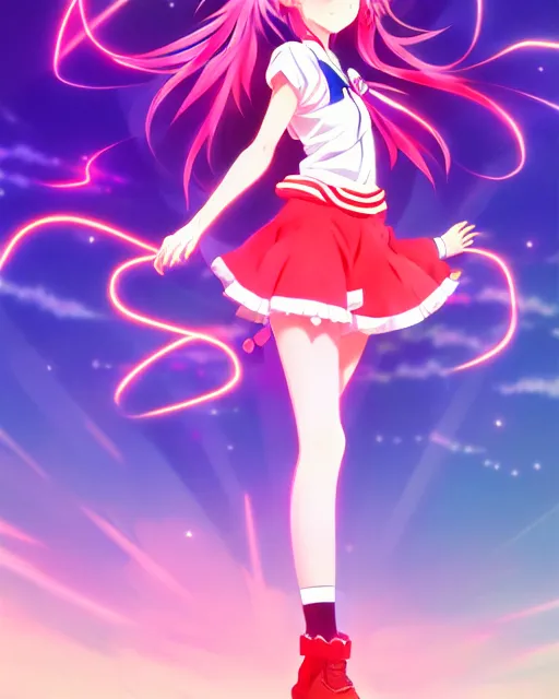 Image similar to anime style, vivid, expressive, full body, 4 k, painting, a cute magical girl with a long wavy hair wearing a sailor outfit, correct proportions, stunning, realistic light and shadow effects, neon lights, studio ghibly makoto shinkai yuji yamaguchi