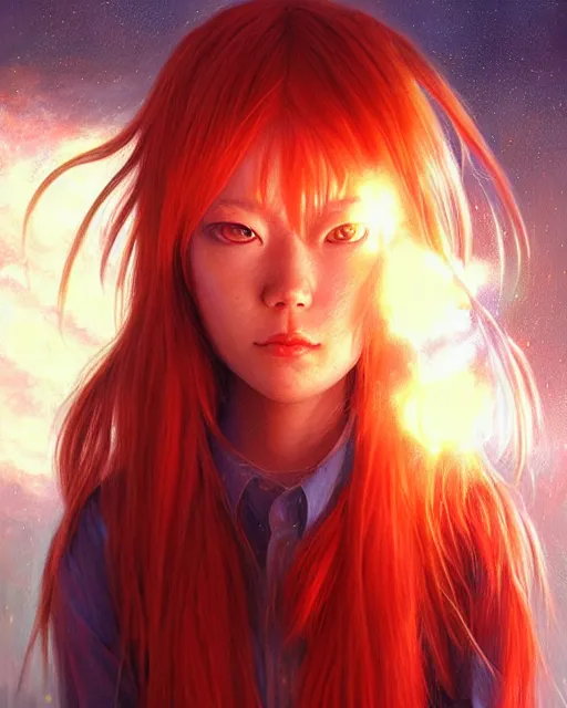 Image similar to asuka langley soryu, award winning photograph, radiant flares, realism, lens flare, intricate, various refining methods, micro macro autofocus, evil realm magic painting vibes, hyperrealistic painting by michael komarck - daniel dos santos