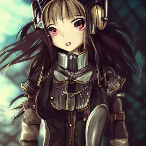 Image similar to anime girl wearing steampunk armor, anime, aesthetic, finely detailed, cinematic lighting, portrait, lush,