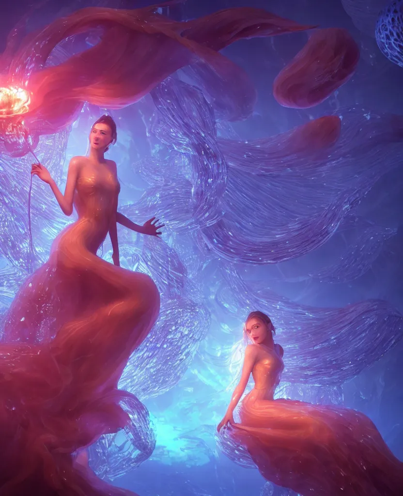 Image similar to close-up portrait of a beautiful princess floating in ethereum surrounded by floating jellyfish, energy flows of fire and water, flashes of plasma, 3d with depth of field, blurred background, a highly detailed epic cinematic concept art CG render. made in Maya, Blender and Photoshop, octane render, excellent composition, cinematic dystopian brutalist atmosphere, dynamic dramatic cinematic lighting, aesthetic, very inspirational, arthouse. y Greg Rutkowski, Ilya Kuvshinov, WLOP, Stanley Artgerm Lau, Ruan Jia and Fenghua Zhong