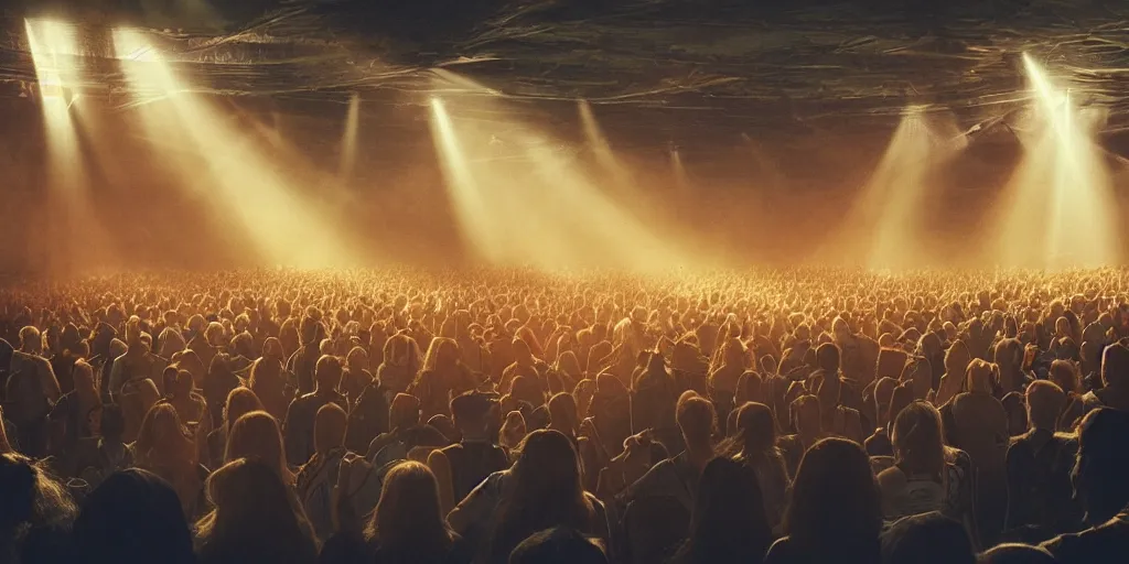 Image similar to ambience, atmosphere, sunbeams, concept art, sauron plays guitar at a rock concert to a crowd of orcs, lord of the rings, peter jackson, studio ghibli, detailed, realistic lighting, volumetric lighting, golden hour,