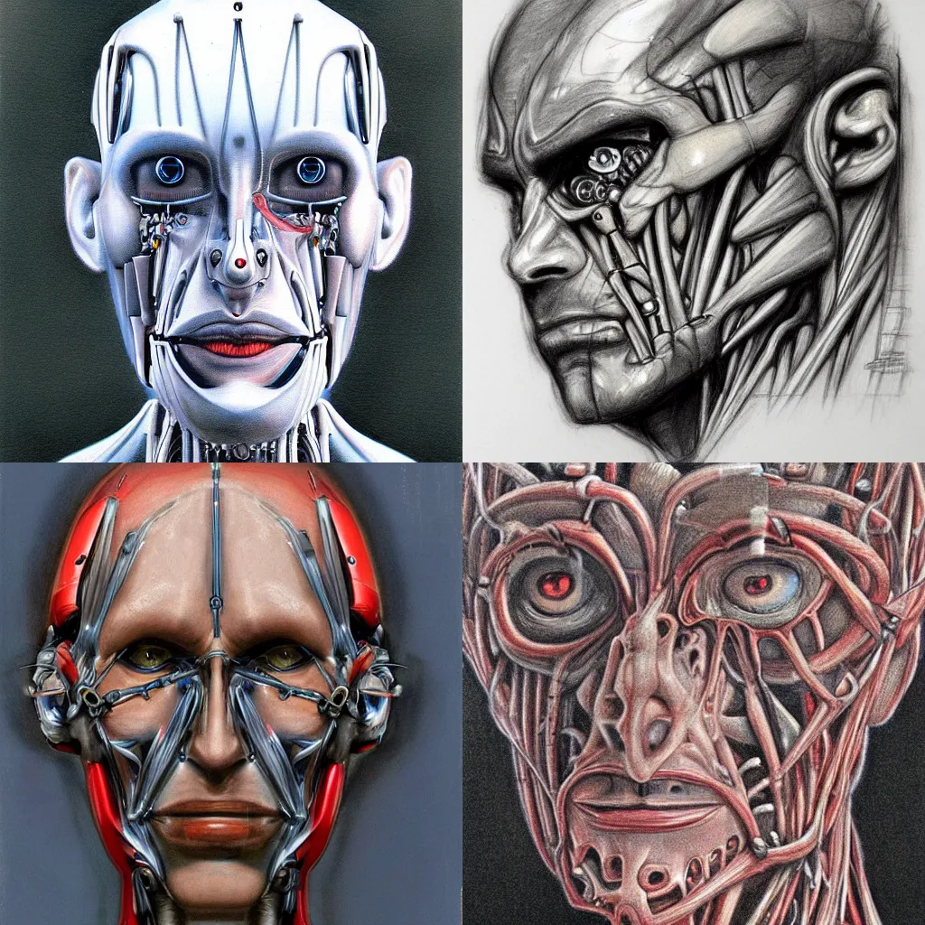 Prompt: a portrait sketch of a biomechanical human, eyes replaced with an a array of sensors, muscle striation visible, by Simon Bisley