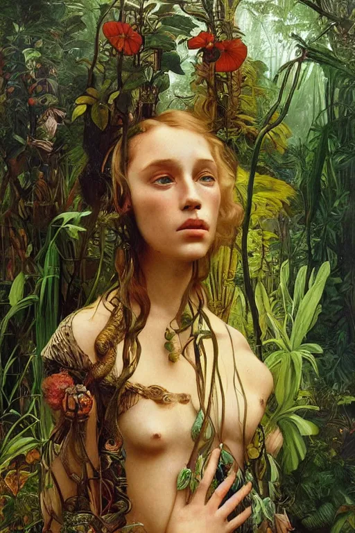 Image similar to realistic detailed portrait of bohemian girl in jungle by denis villeneuve, amano, yves tanguy, alphonse mucha, ernst haeckel, max ernst, roger dean, ridley scott, dynamic closeup