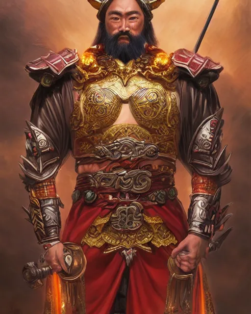 Image similar to guan yu as a superhero portrait | highly detailed | very intricate | symmetrical | whimsical and magical | soft cinematic lighting | award - winning | closeup portrait | doll | painted by donato giancola and mandy jurgens and ross tran | pastel color palette | featured on artstation