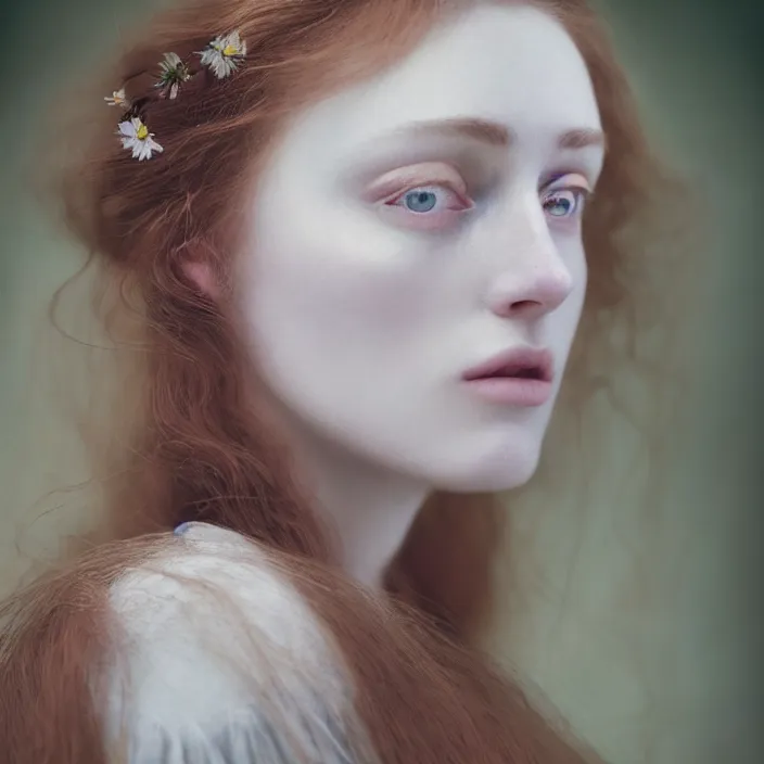 Image similar to Kodak Portra 400, 8K,ARTSTATION, Caroline Gariba, soft light, volumetric lighting, highly detailed, britt marling style 3/4 , extreme Close-up portrait photography of a beautiful woman how pre-Raphaelites,inspired by Ophelia paint, the face emerges from water of Pamukkale, hair are intricate with highly detailed realistic beautiful flowers , Realistic, Refined, Highly Detailed, interstellar outdoor soft pastel lighting colors scheme, outdoor fine art photography, Hyper realistic, photo realistic