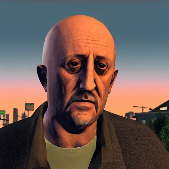 Image similar to Mike Ehrmantraut in Los Santos, screenshot from the PS2 version of GTA San Andreas, orange sky