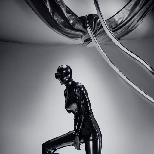 Image similar to fashion photography of an extraterrestrial model, holding a leather whip, wearing demobaza fashion, inside berghain, berlin fashion, harness, futuristic fashion, dark minimal outfit, photo 3 5 mm leica, hyperdetail, berghain, 8 k, very detailed, photo by nick knight