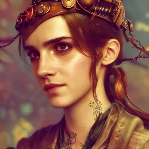 Image similar to underwater steampunk portrait of emma watson, hyper detailed, digital art, cinematic lighting, studio quality, smooth render, unreal engine 5, octane rendered, art style by klimt and nixeu and ian sprigger and wlop and krenz cushart.