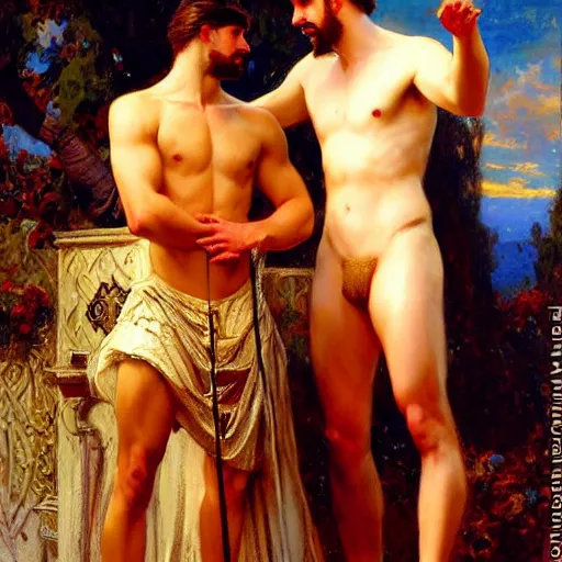 Image similar to attractive fully clothed king confesses his love for his attractive fully clothed male prince. highly detailed painting by gaston bussiere and j. c. leyendecker 8 k