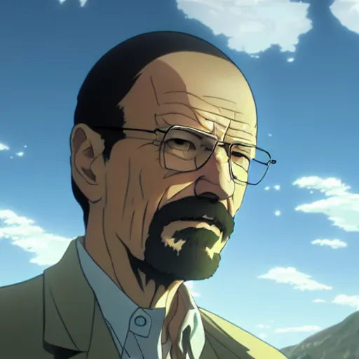 Image similar to portrait of walter white, screenshot from an anime, makoto shinkai