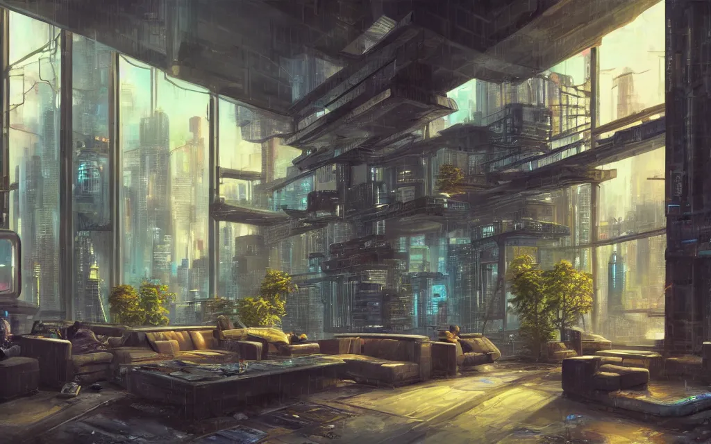 Image similar to cyberpunk loft lounge with tall windows, no people, city in background, drawn by feng zhu, sparse plants, dim painterly lighting volumetric aquatics, impasto