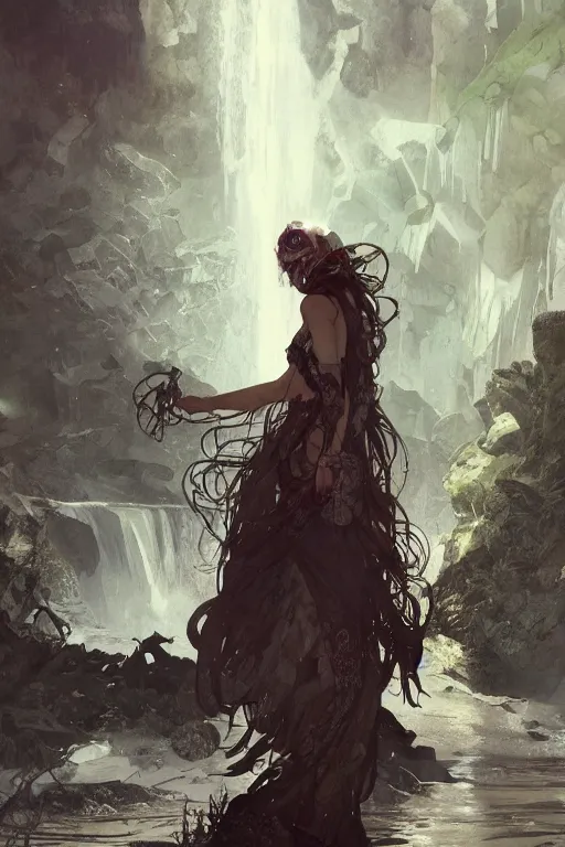 Image similar to a full body portrait of a beautiful post apocalyptic offworld nordic necromancer swimming by the waterfalls, intricate, elegant, highly detailed, digital painting, artstation, concept art, smooth, sharp focus, illustration, art by krenz cushart and artem demura and alphonse mucha